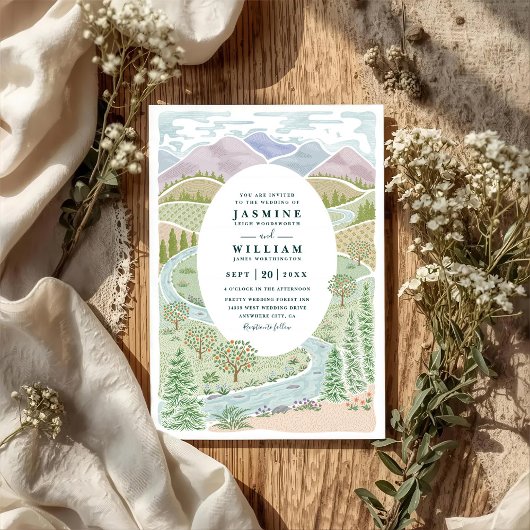 Invitation Mountain River Forest Trees Rustic QR Code Wedding