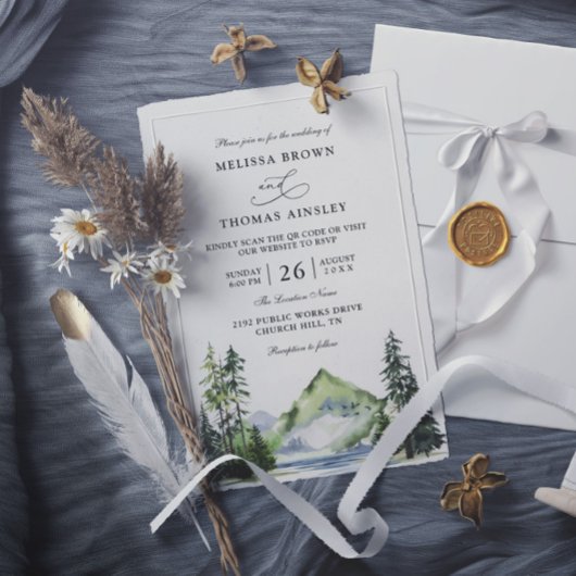 Invitation Mountain Rustic Forest Budget QR Code Wedding