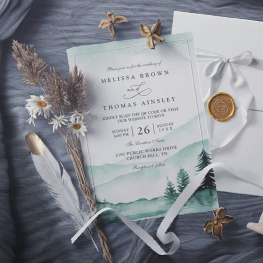 Invitation Mountain Rustic Greenery Elagant QR Code Wedding