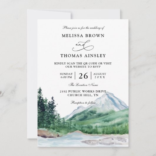 Invitation Mountain Rustic Lake Modern Budget QR Code Wedding (Devant)
