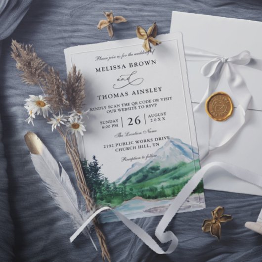 Invitation Mountain Rustic Lake Modern Budget QR Code Wedding