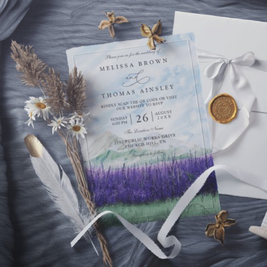 Invitation Mountain Rustic Lavender Meadow QR Code Wedding