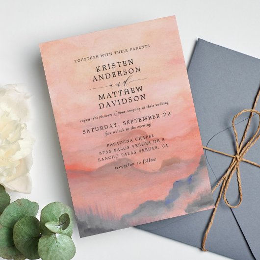 Invitation Mountain Rustic Sunset Aquarelle Mariage orange
