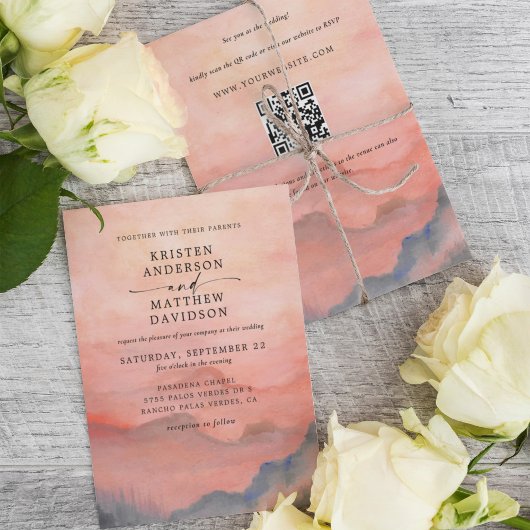 Invitation Mountain Rustic Sunset Watercolor Code QR Mariage