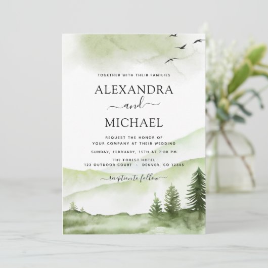 Invitation Mountain Rustic Watercolor Mariage (Debout devant)