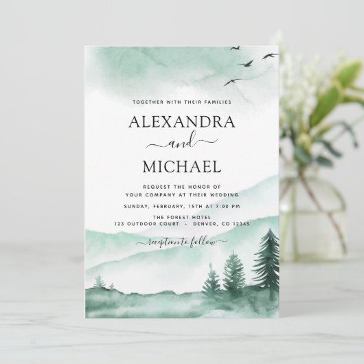 Invitation Mountain Rustic Watercolor Mariage (Debout devant)