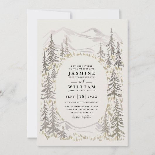 Invitation Mountain Trees Forest Rustic QR Code Wedding (Devant)