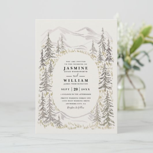Invitation Mountain Trees Forest Rustic QR Code Wedding (Debout devant)