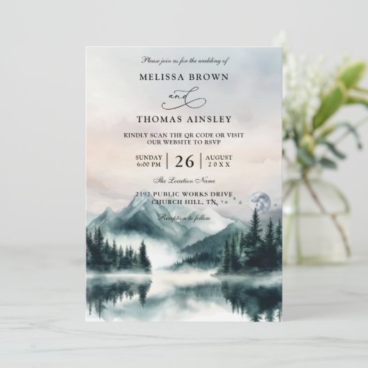 Invitation Mountain Trees Pine Rustic Budget QR Code Wedding (Debout devant)