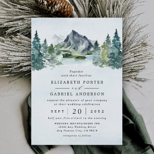 Invitation Mountain Watercolor Evergreen Rustic Tree Wedding
