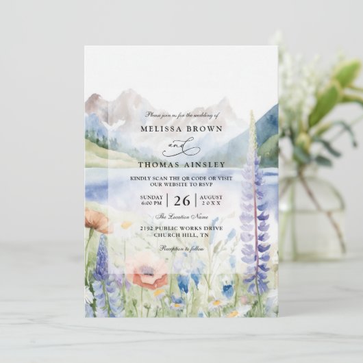 Invitation Mountain Wildflower Landscape QR Code Wedding (Debout devant)