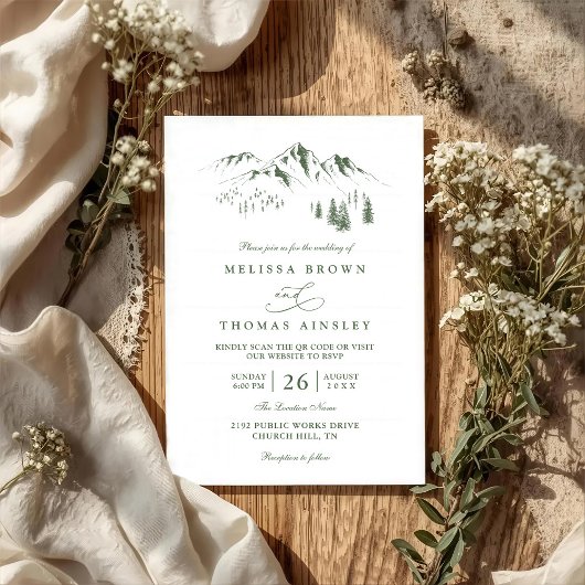Invitation Mountains Forest Trees Pine Rustic QR Code Wedding