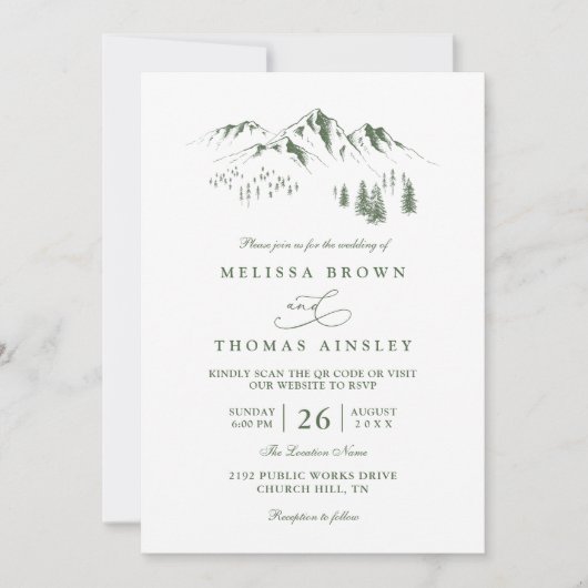 Invitation Mountains Forest Trees Pine Rustic QR Code Wedding (Devant)