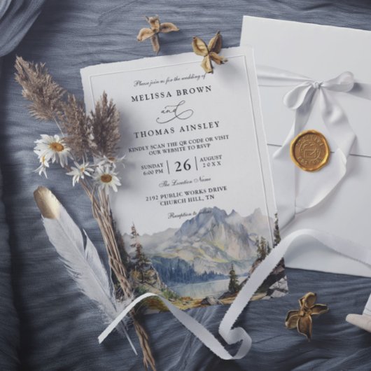 Invitation Mountains lake Rustic Elegant QR Code Wedding