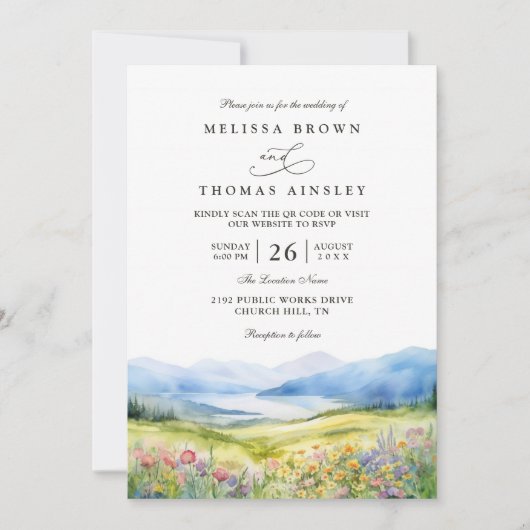 Invitation Mountains Wildflowers Rustic QR Code Wedding (Devant)