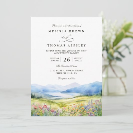 Invitation Mountains Wildflowers Rustic QR Code Wedding (Debout devant)