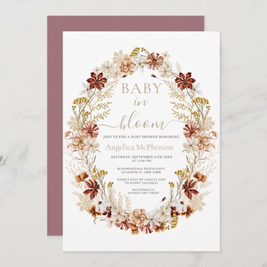 Invitation Mountbatten Rose Fleurs Sauvages Wreath Baby in Bl (Devant / Derrière)