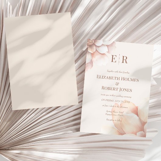 Invitation Mousse rose vif moderne Pétales Monogramme Mariage