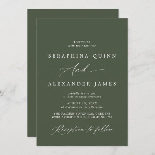 Invitation Mousse verte foncée | Mariage formel de script sim (Devant / Derrière)