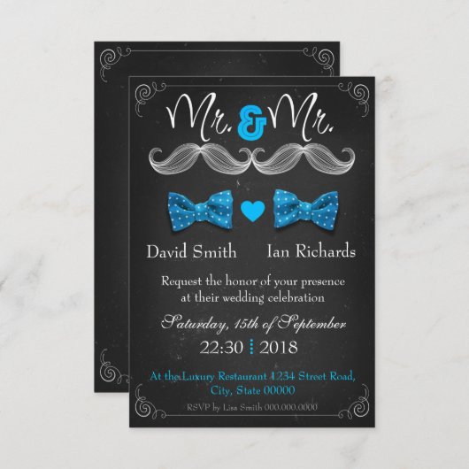 Invitation Moustache and bow for Mr and Mr (Devant / Derrière)