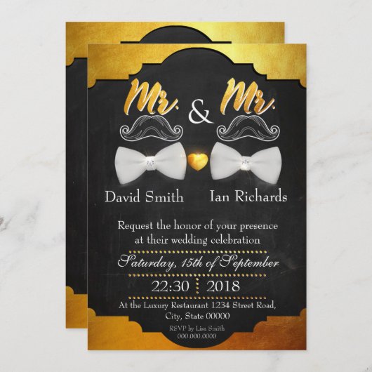 Invitation Moustache et arc pour Mr et Mr. (Devant / Derrière)