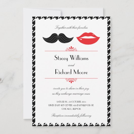 Invitation Moustache rouge, noir et blanc & lèvres Houndstoot (Devant)