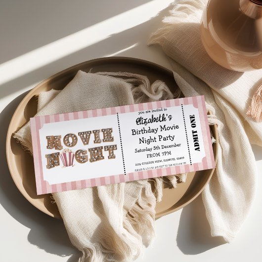 Invitation Movie Night Birthday Party Pink Ticket Style 