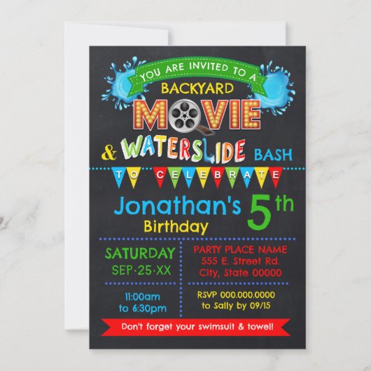 Invitation Movie Waterslide Anniversaire fête Bash Couleur pr (Devant)