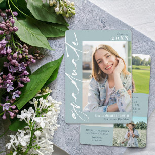 Invitation Moyenne Bleu Blanc Calligraphie Photo Graduation