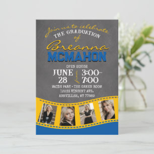 Invitation Moyenne Bleu & Or Chalkboard Filmstrip Graduation