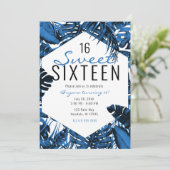 Invitation Moyenne Denim Bleu Tropical Palm Feuille Sweet 16 (Debout devant)