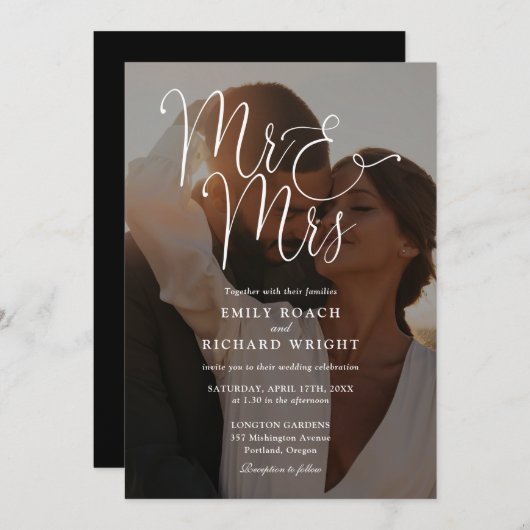 Invitation Mr. And Mrs Modern Script QR Code Mariage photo (Devant / Derrière)