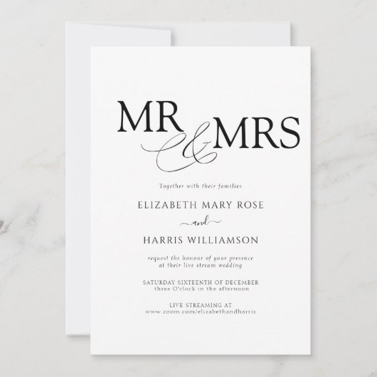 Invitation MR & MRS Live Stream Modern Black White Mariage (Devant)