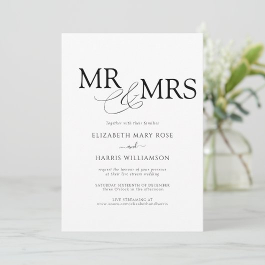 Invitation MR & MRS Live Stream Modern Black White Mariage (Debout devant)