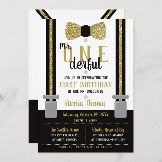 Invitation Mr. ONEderful Birthday Invitation, Noir, Or (Devant / Derrière)