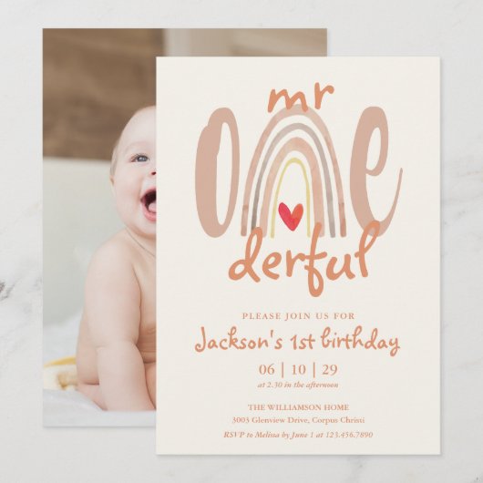 Invitation Mr Onederful Boho Rainbow Heart Photo 1st Birthday (Devant / Derrière)