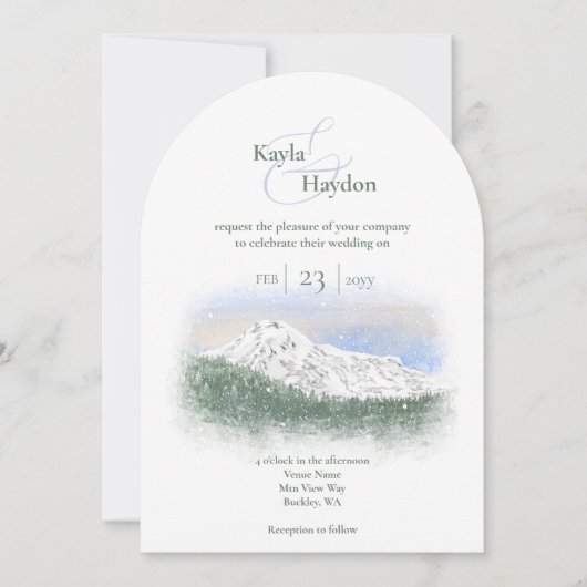 Invitation Mt. Rainier, Falling Snow Winter Wedding (Devant)