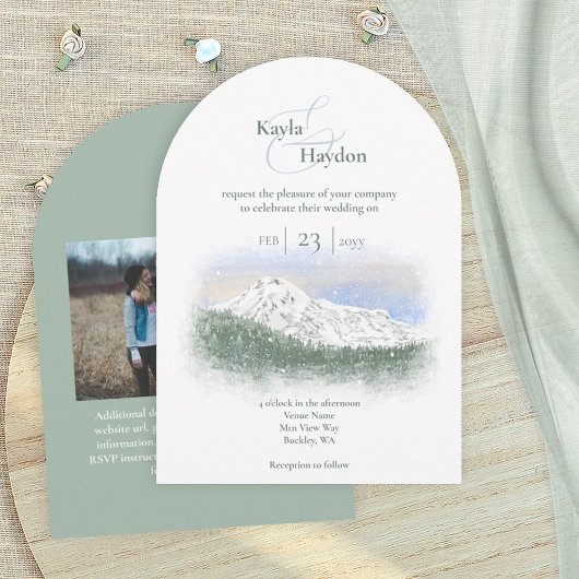 Invitation Mt. Rainier, Falling Snow Winter Wedding