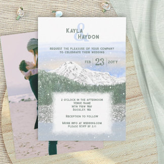 Invitation Mt. Rainier, Falling Snow Winter Wedding