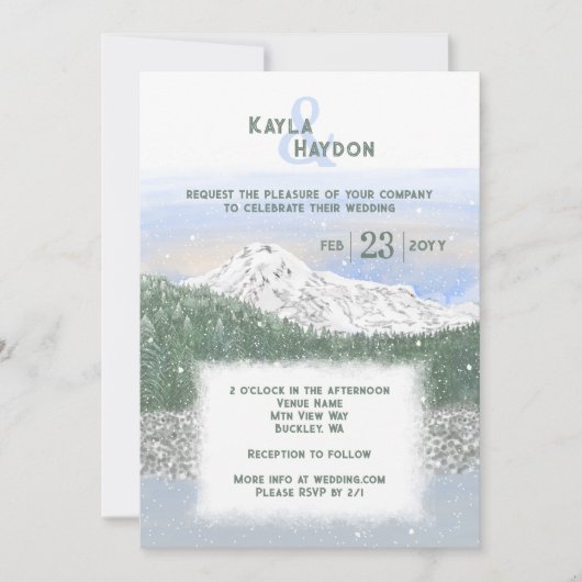 Invitation Mt. Rainier, Falling Snow Winter Wedding (Devant)