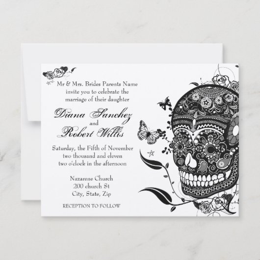 Invitation Muertes de crâne de sucre sur papier métal d'or (Devant)