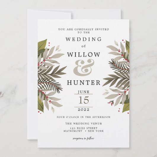 Invitation Muet Botanique Moss Gris & Mariage Rouge (Devant)