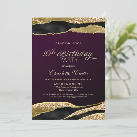 Invitation Mulberry Gold Parties scintillant 16e fête d'anniv (Debout devant)