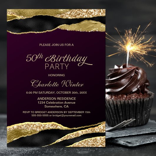 Invitation Mulberry Gold Parties scintillant 50e fête d'anniv