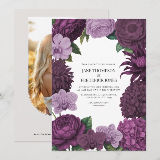 Invitation Mulberry Wine, Deep Fig & Dusty Lavender Wedding (Devant / Derrière)