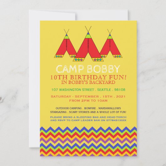 Invitation Multicolor Chevron Tipi, Camping Anniversaire (Devant)