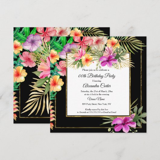 Invitation Multicolor Tropical Black Hibiscus Floral Party SQ (Devant / Derrière)