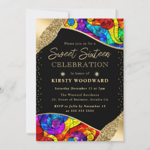 Invitation Multicolore et verre teinté or Sweet Sixteen