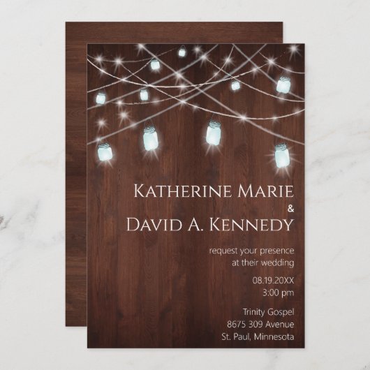 Invitation Mur Mariage bois Grange Mason Jar String Lumière (Devant / Derrière)