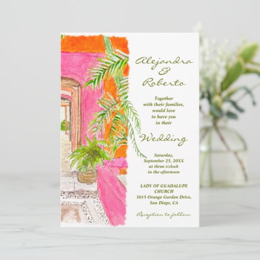 Invitation Murs rose tropicale et Mariage d'art de la cour de (Debout devant)